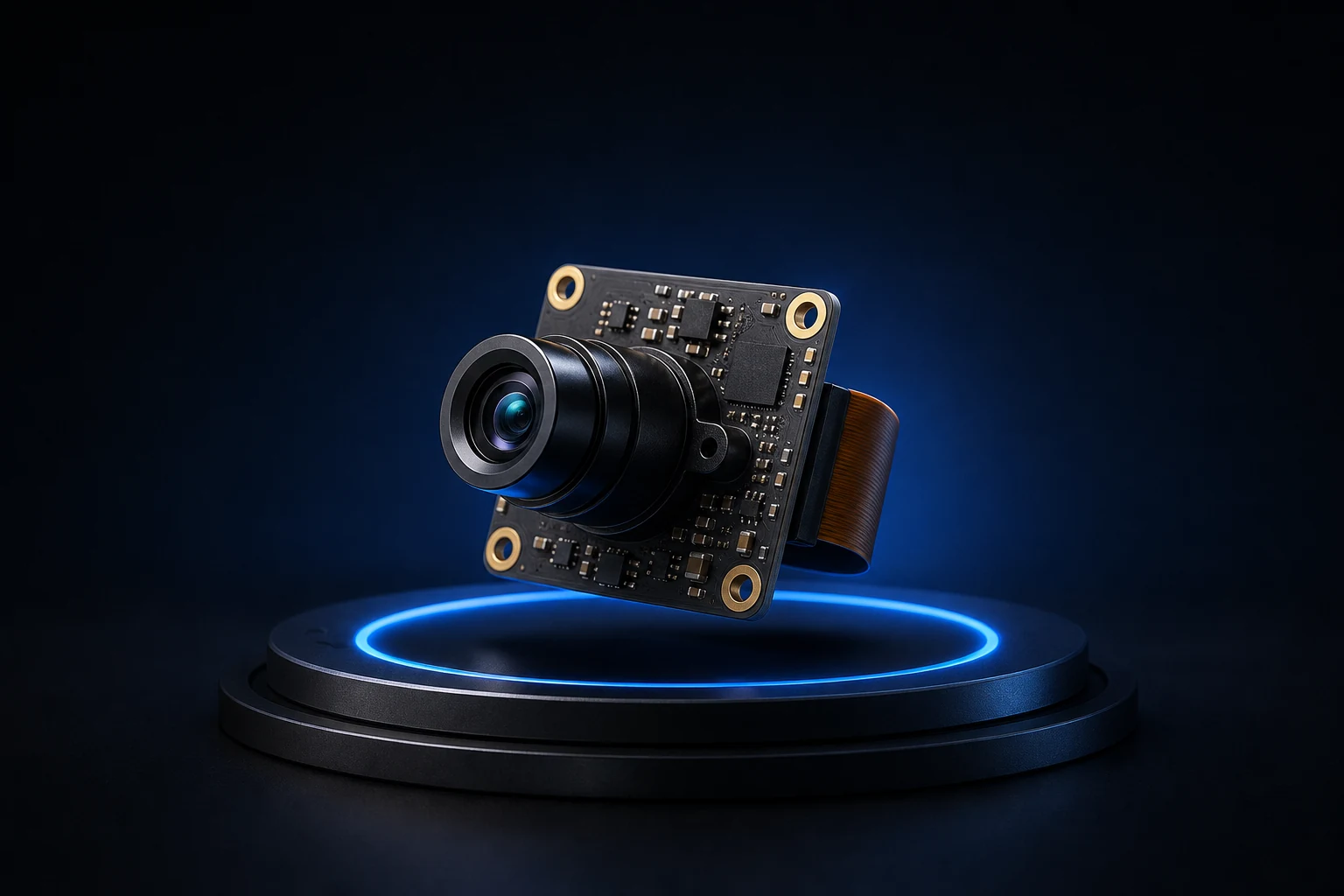 Concept mini camera module displayed on a blue illuminated platform