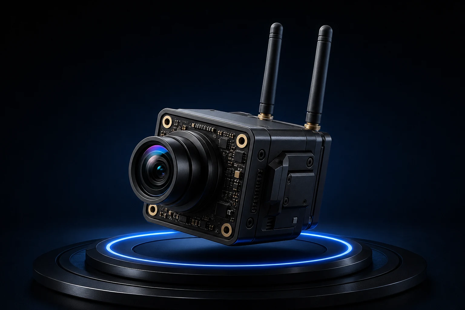 Concept wireless camera displayed on a blue illuminated platform